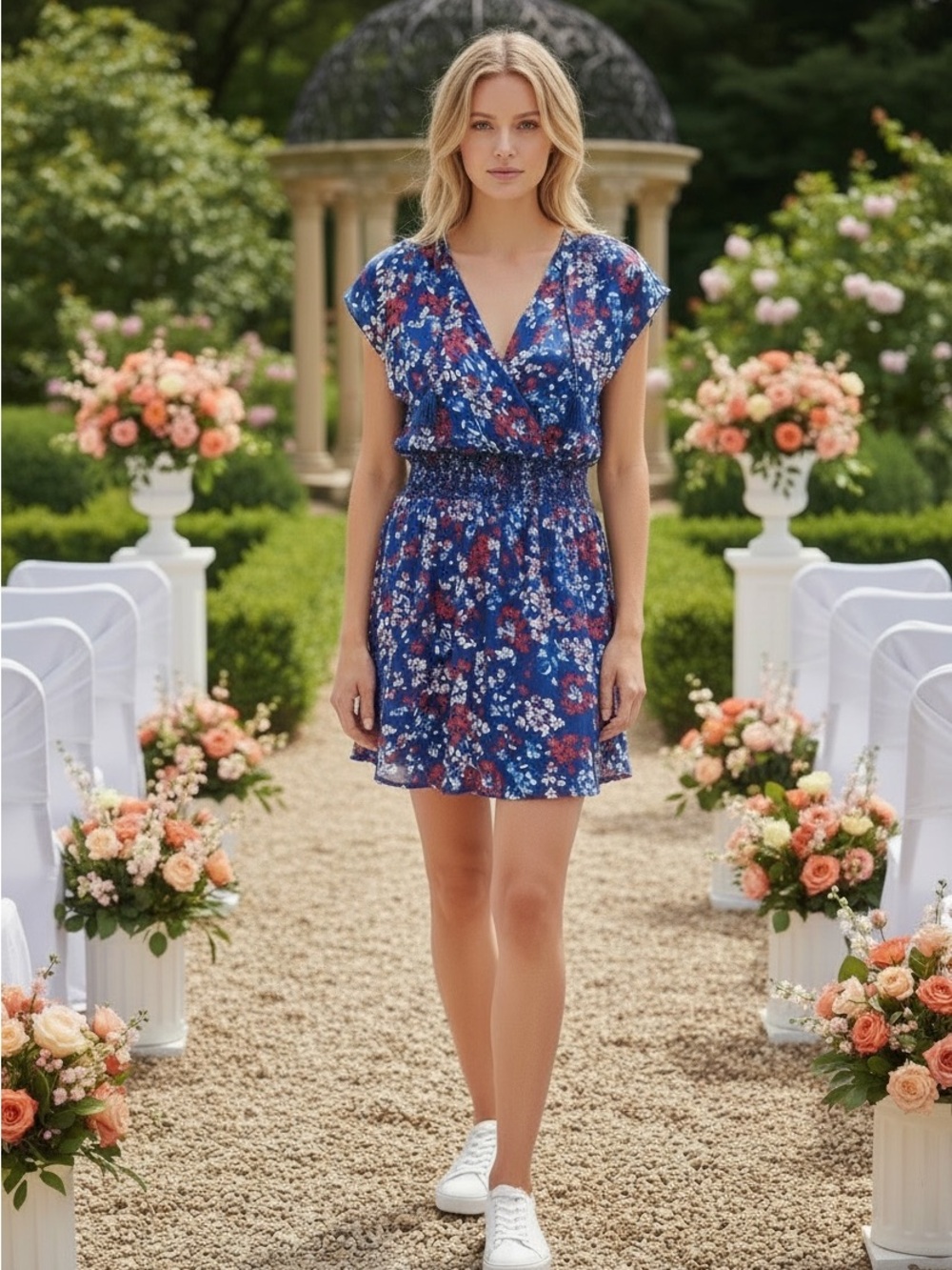 NWT Parker Printed Mini Dress Smocked Waist In Blue Red Floral Size XS
